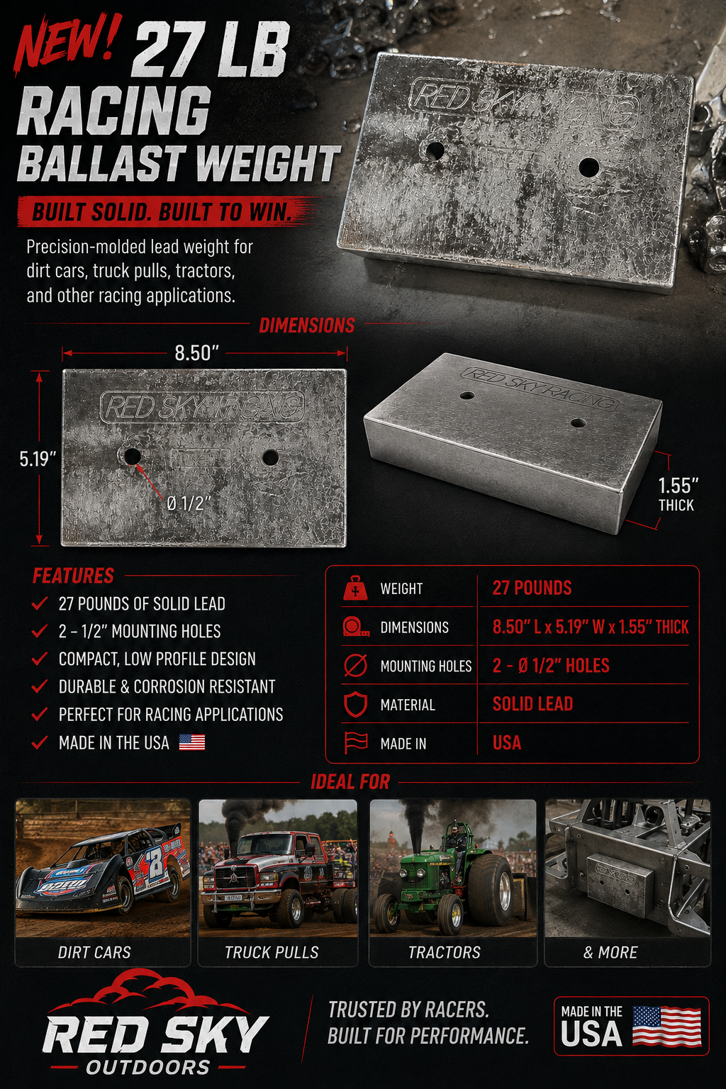 27 lb Cast Lead Racing Ballast Weight - 1/2" Mounting Holes